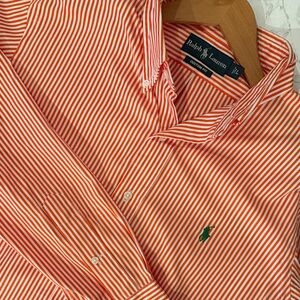 Ralph Lauren Men’s Orange Stripe Button Down Shirt Green Pony Logo Size L